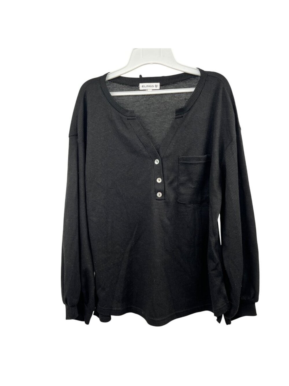 ELINGS Womens Waffle Knit Top Long Balloon Sleeve Black Size Medium